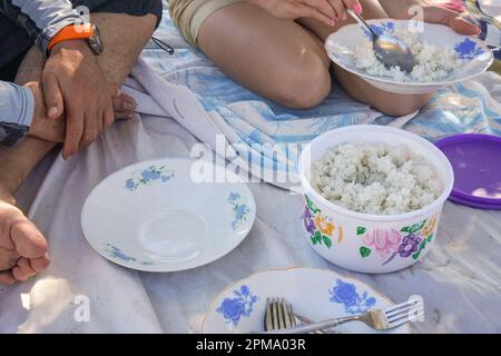 Pranzo in spiaggia, donna che serve riso a piatti da ciotola su coperta e asciugamano, dettaglio primo piano Foto Stock
