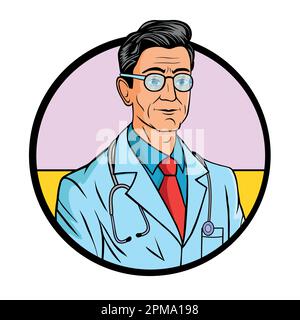 Medico maschile allegro. Illustrazione vettoriale di un medico sorridente su sfondo bianco. Illustrazione Vettoriale