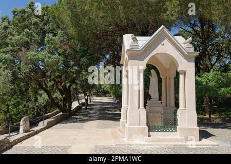 Statua di San Maria, stazioni della Croce, Valinhos, Fatima, Olive (Olea europaea) Portogallo Foto Stock