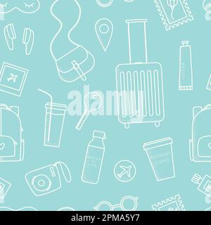 Semplice sfondo della linea vettoriale sul viaggio. Modello senza cuciture per avvolgimento, confezione, scrapbooking. Illustrazione Vettoriale