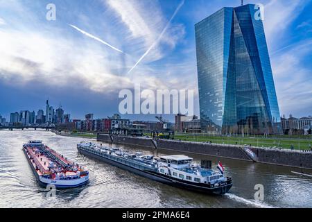 Skyline di Francoforte sul meno, grattacieli, quartiere finanziario e bancario del centro, navi da carico, petroliere, sul fiume meno, edificio della BCE, Assia, Germania, Foto Stock