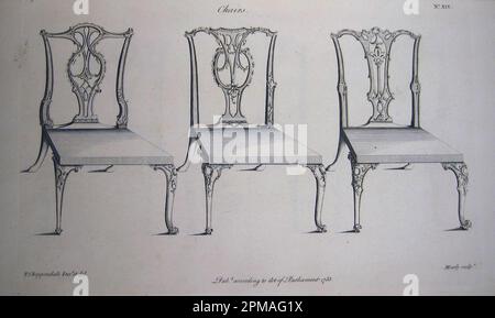 Stampa, Sedie, No. XIV; disegnato da Thomas Chippendale (1718 – 1779); inciso da Matthias Darly (inglese); pubblicato da J. Haberkorn (inglese, fl. 1755–65); Inghilterra; incisione su carta steso biancata; aperto: 16,5 x 59,7 x 46,4 cm (6 1/2 x 23 1/2 x 18 1/4 pollici) Foto Stock