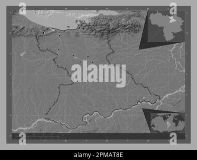 Anzoategui, stato del Venezuela. Mappa altimetrica bilivello con laghi e fiumi. Posizioni delle principali città della regione. Mappe delle posizioni ausiliarie degli angoli Foto Stock