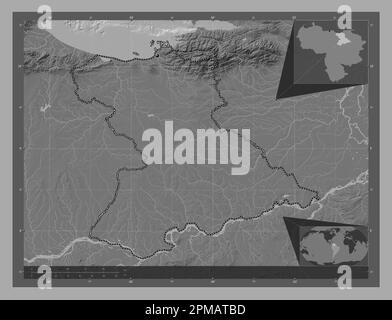 Anzoategui, stato del Venezuela. Mappa altimetrica bilivello con laghi e fiumi. Mappe delle posizioni ausiliarie degli angoli Foto Stock