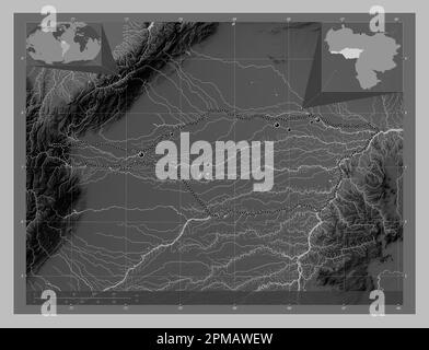 Apure, stato del Venezuela. Mappa in scala di grigi con laghi e fiumi. Posizioni delle principali città della regione. Mappe delle posizioni ausiliarie degli angoli Foto Stock