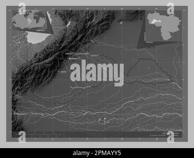 Barinas, stato del Venezuela. Mappa in scala di grigi con laghi e fiumi. Località e nomi delle principali città della regione. Posizione ausiliaria d'angolo Foto Stock