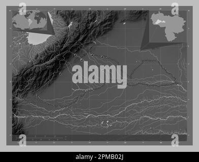 Barinas, stato del Venezuela. Mappa in scala di grigi con laghi e fiumi. Posizioni delle principali città della regione. Mappe delle posizioni ausiliarie degli angoli Foto Stock