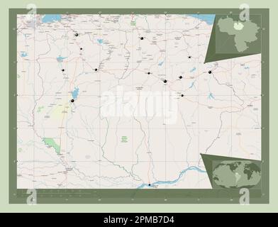 Guarico, stato del Venezuela. Aprire la mappa stradale. Posizioni delle principali città della regione. Mappe delle posizioni ausiliarie degli angoli Foto Stock