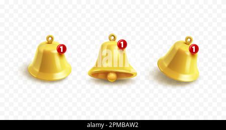 Icone dorate della Campana di notifica impostate, su sfondo trasparente. Illustrazione vettoriale Illustrazione Vettoriale