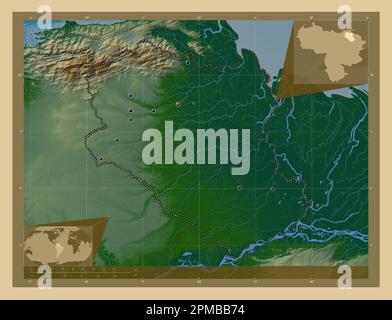 Monagas, stato del Venezuela. Mappa di altitudine colorata con laghi e fiumi. Posizioni delle principali città della regione. Mappe delle posizioni ausiliarie degli angoli Foto Stock