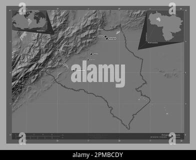 Portuguesa, Stato del Venezuela. Mappa altimetrica bilivello con laghi e fiumi. Località e nomi delle principali città della regione. Posizione ausiliaria d'angolo Foto Stock