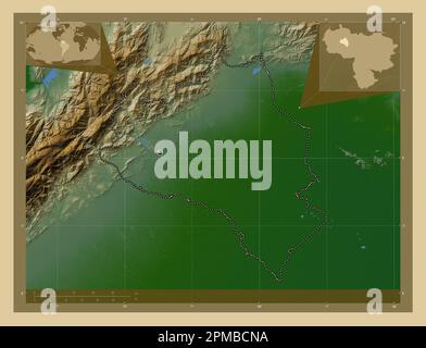 Portuguesa, Stato del Venezuela. Mappa di altitudine colorata con laghi e fiumi. Mappe delle posizioni ausiliarie degli angoli Foto Stock