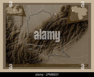 Tachira, Stato del Venezuela. Mappa dell'altitudine colorata in tonalità seppia con laghi e fiumi. Località e nomi delle principali città della regione. Aux. D'angolo Foto Stock