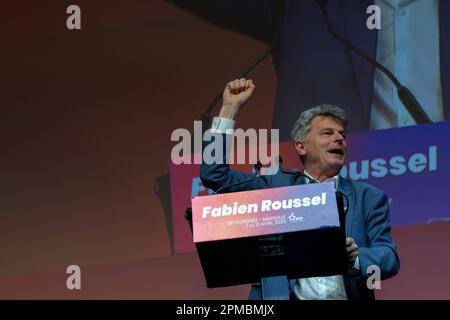 Fabien Roussel consegna il discorso conclusivo dopo la sua rielezione come Segretario Nazionale del Partito Comunista Francese (PCF). Il 39th° Congresso del Partito Comunista Francese (PCF) si è svolto a Marsiglia dal 7 al 10 aprile 2023. Riconquista Fabien Roussel come suo leader. Foto Stock