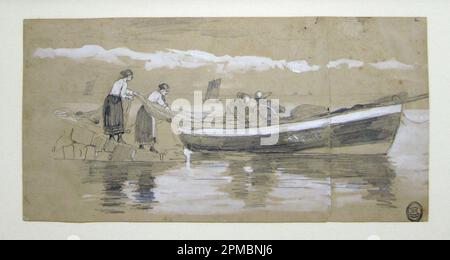 Disegno, pescatore e donna che stivano reti in una Dory in perla, Cullercoats, Inghilterra; Winslow Homer (americano, 1836–1910); Inghilterra; grafite, pennello e gouache bianche su carta in vove grigio chiaro [due fogli Uniti, sovrapposti]; totale: 17,6 x 35,8 cm (6 15/16 x 14 1/8 in.) ogni foglio unito: 17,6 x 27 cm (6 15/16 x 10 5/8 poll.) (a) Foto Stock