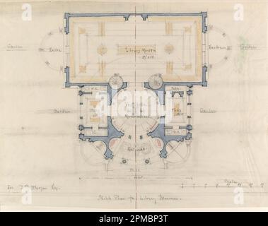 Disegno, piano, schizzo per il Museo della Biblioteca per J. Pierpont Morgan, Esq., New York; architetto: Whitney Warren Jr. (Americano, 1864–1943); USA; grafite, penna e inchiostro nero, pennello e acquerello blu e giallo, pastello rosso e verde, su carta da ricalco montata su carta bianca; foglio: 32,5 x 43,1 cm (12 13/16 x 16 15/16 pollici) Foto Stock