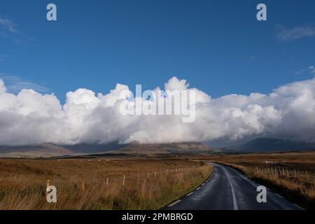 Viaggio tranquillo attraverso i vasti paesaggi arancioni della campagna irlandese, sotto un cielo blu con splendide formazioni di nuvole e lontani Horizons Foto Stock