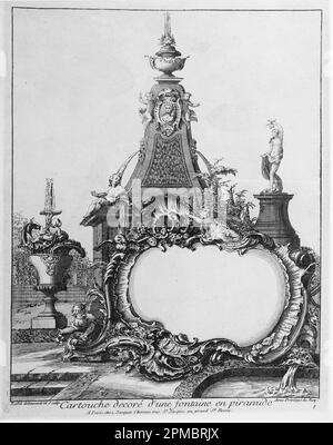 Stampa, Cartouche decoré d'une fontaine en piramide; progettato da Pierre Edme Babel (francese, 1720–1775); pubblicato da Jacques Chéreau (francese, 1688–1776); Francia; incisione su carta steso biancastra; foglio: 34,5 x 22,5 cm (13 9/16 x 8 7/8 pollici) Platemark: 28,2 x 19 cm (11 1/8 x 7 1/2 pollici) Foto Stock