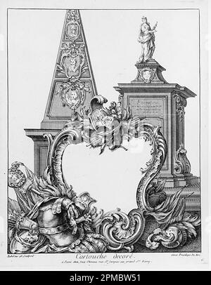 Stampa, Cartouche decoré; disegnato da Pierre Edme Babel (francese, 1720–1775); pubblicato da Jacques Chéreau (francese, 1688–1776); Francia; incisione su carta quasi bianca; foglio: 34,2 x 28,5 cm (13 7/16 x 11 1/4 pollici) Platemark: 28,5 x 18,8 cm (11 1/4 x 7 3/8 pollici) Foto Stock