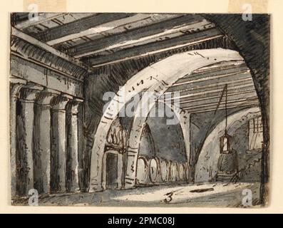 Disegno, Cantina a volta; possibilmente di Antonio Giuseppe Basoli (1774-1843); Italia; inchiostro penna e bistre, pennello e seppia lavati su carta Foto Stock