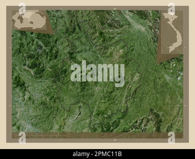 Bac Kan, provincia del Vietnam. Mappa satellitare ad alta risoluzione. Mappe delle posizioni ausiliarie degli angoli Foto Stock