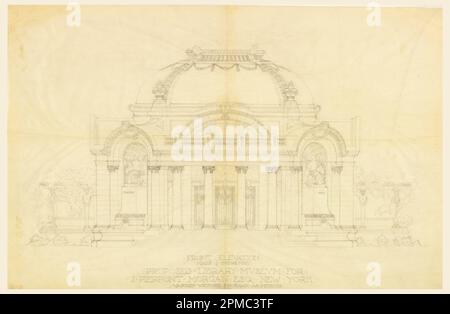 Disegno, elevazione frontale, Museo della Biblioteca proposto per J. Pierpont Morgan, Esq., New York; architetto: Whitney Warren Jr. (Americano, 1864–1943); USA; grafite su carta da ricalco; 48,5 x 74 cm (19 1/8 x 29 1/8 pollici) Foto Stock