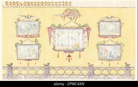 Disegno, Design per la decorazione delle pareti, Sala da disegno gialla (Nord), Padiglione reale, Brighton; Frederick Crace (Inglese, 1779–1859); Inghilterra; pennello e acquerello, grafite su carta bianca; tappetino: 35,6 x 45,7 cm (14 x 18 in.) 18,2 x 30,2 cm (7 3/16 x 11 7/8 pollici) Foto Stock