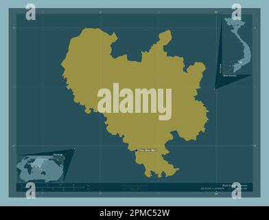 Binh Duong, provincia del Vietnam. Forma a tinta unita. Località e nomi delle principali città della regione. Mappe delle posizioni ausiliarie degli angoli Foto Stock