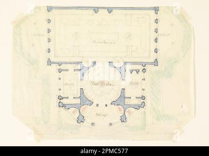 Disegno, piano di schizzo per il Museo della Biblioteca Morgan proposto; architetto: Whitney Warren Jr. (Americano, 1864–1943); USA; grafite, penna e inchiostro blu, pastello rosso, verde e blu su carta da ricalco; foglio: 27 x 36,5 cm (10 5/8 x 14 3/8 pollici) Foto Stock