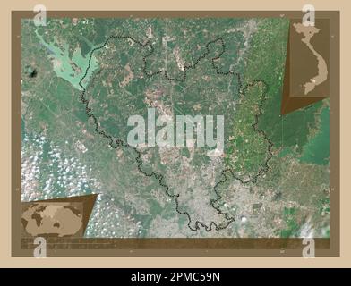 Binh Duong, provincia del Vietnam. Mappa satellitare a bassa risoluzione. Mappe delle posizioni ausiliarie degli angoli Foto Stock