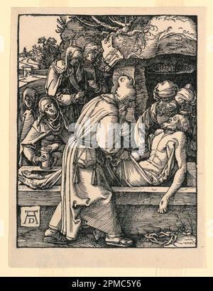 Stampa, The Entombment, della serie Little Passion; progettata da Albrecht Dürer (tedesco, 1471–1528); Germania; taglio di legno su carta quasi bianca; 14,3 x 10,8 cm (5 5/8 x 4 1/4 pollici) Foto Stock