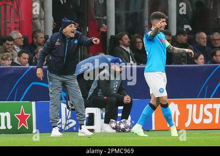 Napoli, Italia. 12th Apr, 2023. Napoli, 2nd 2023 aprile: Allenatore di testa della SSC Napoli Luciano Spalletti e Giovanni di Lorenzo (22 Napoli) durante la partita della Champions League tra l'AC Milan e la SSC Napoli allo Stadio Meazza di Milano (Foto Mosca/SPP) Credit: SPP Sport Press Photo. /Alamy Live News Foto Stock