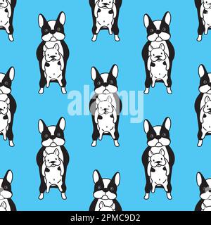 Cane francese Bulldog senza cuciture modello vettore doodle carta parati isolato sfondo cartone animato blu Illustrazione Vettoriale