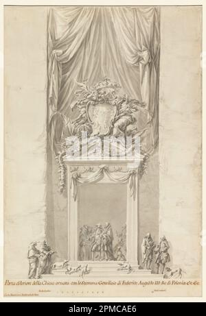 Disegno, porta di San Salvatore in Lauro con decorazione per i funerali del re Federico III agosto di Polonia, Roma, Italia; disegnato da Carlo Marchionni (1702-1786); Italia; pennello e lavaggi grigi, grafite; bordo e iscrizione in penna e inchiostro marrone su carta stesa biancastra; 51,1 x 34,2cm (20 1/8 x 13 7/16in.) Foto Stock