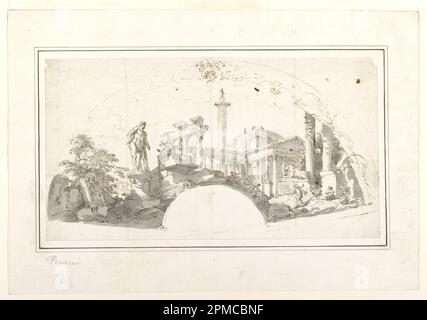 Disegno, Design per fan: Capriccio con rovine romane ed Ercole Farnese; Giovanni Paolo panini (italiano, 1691 - 1765); Italia; inchiostro marrone e penna, pennello e lavaggi grigi, grafite su carta crema, foderata; 14,1 x 26 cm (5 9/16 x 10 1/4 in.) Foto Stock