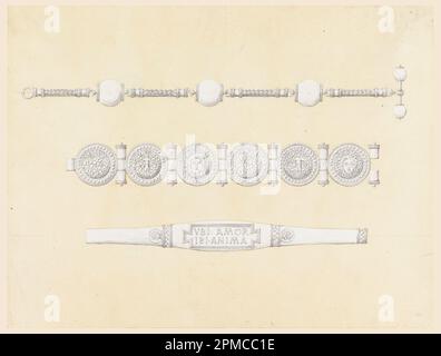 Disegno, disegno per catena di orologi e due bracciali; attribuito ad Augusto Castellani (romano, 1829 - 1914); Italia; grafite, pennello e lavaggio giallo pallido su carta bianca; 23,8 x 18 cm (9 3/8 x 7 1/16 in.) Foto Stock