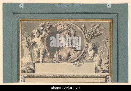 Disegno, disegno per frontespizio; disegnato da Pierre-Clément Marillier (francese, 1740 – 1808); Francia; penna e inchiostro, pennello e acquerello, grafite su carta; 10,7 x 15,8 cm (4 3/16 x 6 1/4 pollici) Foto Stock