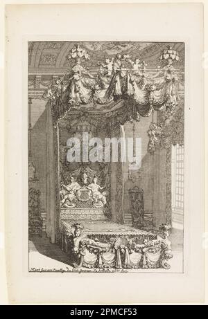 Stampa, progettazione per camera da letto di Stato, in Second Livre d'Appartements (secondo libro sugli interni); progettato da Daniel Marot (francese, attivo nei Paesi Bassi e in Inghilterra, 1661–1752); Paesi Bassi; incisione, incisione su carta bianca; 33,8 x 22,2 cm (13 5/16 x 8 3/4 pollici) Foto Stock