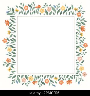 Delicato Chintz Romantic Meadow Wildflowers Vector Square Frame Illustrazione Vettoriale