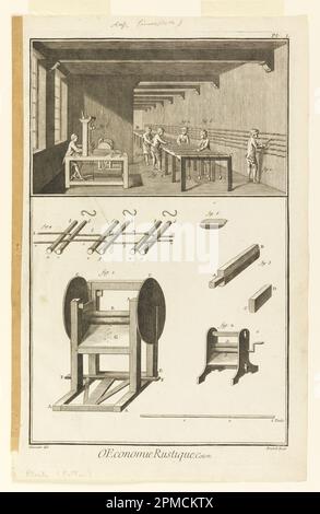 Stampa, lastra i di 'Travail et emploi du coton' dall'Enciclopedia di Diderot, Vol. I; progettato da Goussier; inciso da Robert Bénard; Francia; incisione su carta bianca; foglio: 38 x 24,2 cm (14 15/16 x 9 1/2 pollici) Platemark: 35,3 x 23,3 cm (13 7/8 x 9 3/16 pollici); trasferimento dalla biblioteca del museo Cooper Union; 1964-26-10 Foto Stock