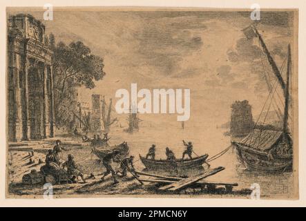 Print, Harbour Scene, 1634; Print Maker: Claude Lorrain (francese, 1600-1682); Francia; Etching su carta posata; Bequest di George Campbell Cooper; 1896-3-133 Foto Stock