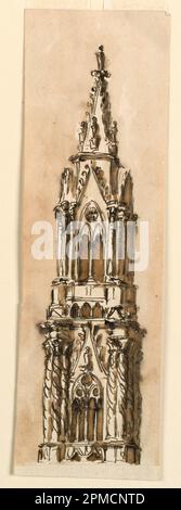 Disegno, campanile in stile gotico; architetto: Giuseppe Barberi (italiano, 1746–1809); Italia; inchiostro nero e marrone, pennello e lavaggio marrone; immagine: 26,7 x 8,6 cm (10 1/2 x 3 3/8 pollici) Foto Stock