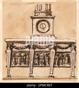 Disegno, tavolo da console con orologio; architetto: Giuseppe Barberi (italiano, 1746–1809); Italia; inchiostro marrone e nero, pennello e lavaggio marrone su carta steso biancastra, foderata; immagine: 17,4 x 16,7 cm (6 7/8 x 6 9/16 in.) Foto Stock