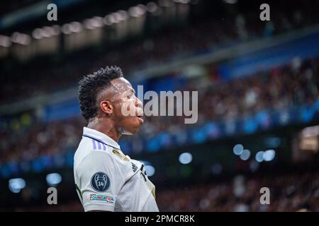 Madrid, Spagna. 12th Apr, 2023. Vinicius Junior (Real Madrid) durante la partita di calcio tra&#XA;Real Madrid e Chelsea valida per la prima tappa del quarto finale della UEFA Champion's League celebrata a Madrid, Spagna, allo stadio Bernabeu martedì 12 marzo 2023 Credit: Live Media Publishing Group/Alamy Live News Foto Stock