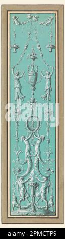Disegno, pannello di arabeschi per il Hôtel de Salm, Parigi; disegnato da Jean-Guillaume Moitte (francese, 1746-1810); Francia; inchiostro nero e penna, pennello e gouache, gesso nero su carta tonata, foderato; 43 x 10,1cm (16 15/16 x 4in.) Tappetino: 55,9 x 40,6 cm (22 x 16 pollici) Montaggio: 46,8 x 13,8 cm (18 7/16 x 5 7/16 poll.) Telaio: 60,3 x 44,8 x 2,5 cm (23 3/4" x 17 5/8 poll. x 1 poll.) Foto Stock