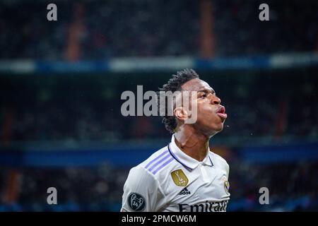 Madrid, Spagna. 12th Apr, 2023. Vinicius Junior (Real Madrid) durante la partita di calcio betweenReal Madrid e Chelsea validi per la prima tappa della finale trimestrale della UEFA championâ&#X80;&#x99;s League celebrata a Madrid, Spagna allo stadio Bernabeu martedì 12 marzo 2023 Credit: Independent Photo Agency/Alamy Live News Foto Stock