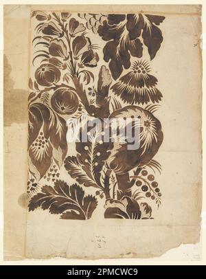 Disegno, disegno per tessuto; stile di Anna Maria Garthwaite (inglese, 1688–1763); Inghilterra; pennello e acquerello marrone scuro su carta crema posata; 52,2 x 40,2 cm (20 9/16 x 15 13/16 pollici) Tappetino: 55,7 x 40,6 cm (21 15/16 x 16 pollici) Foto Stock