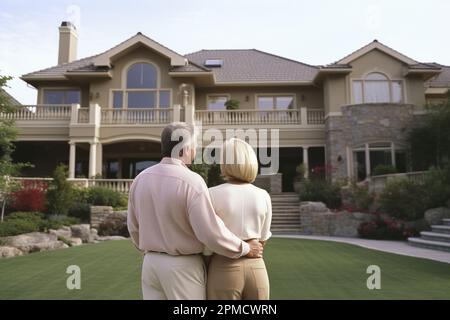 coppia benestante in piedi di fronte a una casa Foto Stock
