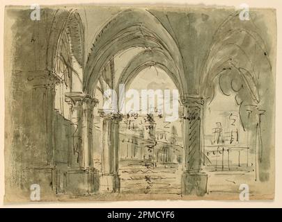 Disegno, Stage Design, Portico con edifici; Italia; penna e bistre inchiostro, pennello e lavaggio su carta Foto Stock