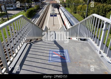 stazione ferroviaria. cartello per non fumatori di fronte alle scale della stazione. vista della piattaforma con treno veloce in transito. sole diurno. senza persone. Foto Stock